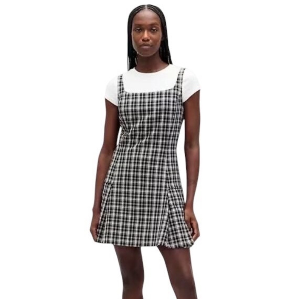 Gap Black Grey Plaid Square-Neck Pleated Mini Dress Side Hem Pleat Mini Pinafore